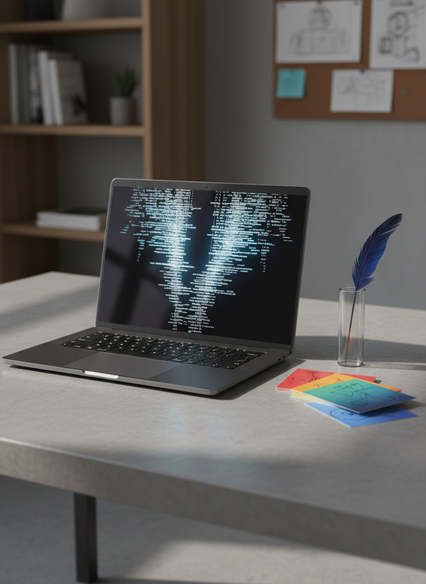 A minimalist, matte-black laptop sits open on a smooth concrete tabletop, its screen turned away so only the pale reflection of cascading text can be seen in the glossy surface. Beside it, a stack of color-coded index cards fans outward, each bearing subtle, abstract lines suggesting plot points and character arcs. A slim glass vase holds a single deep indigo feather, adding a poetic touch. Cool, diffused morning light enters from an unseen window, creating soft reflections and delicate shadows. Photographic realism, composed using the rule of thirds with a shallow depth of field that blurs a distant bookshelf and pinned storyboard, conveying a sophisticated, modern workspace devoted to crafting intricate movie plots and screenplays.