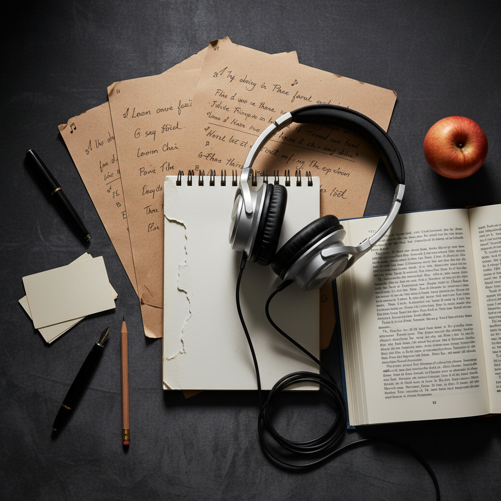 A richly textured collage of writing tools is arranged on a velvety charcoal backdrop: a spiral notebook with torn edges, rough kraft-paper lyrics sheets with faint chord markings implied by small geometric symbols, and a hardcover poetry collection lying open to a page of dense, flowing lines. Metallic headphones rest gently over one stack of pages, their braided cable curling like a line of free verse. Overhead, soft studio lighting creates subtle highlights on the metallic surfaces and deep, luxurious shadows in the paper creases. Photographic realism from a top-down perspective, with sharp focus throughout, producing a sophisticated, curated flat lay that visually unites poetry, short stories, and music lyrics into a single, atmospheric composition.