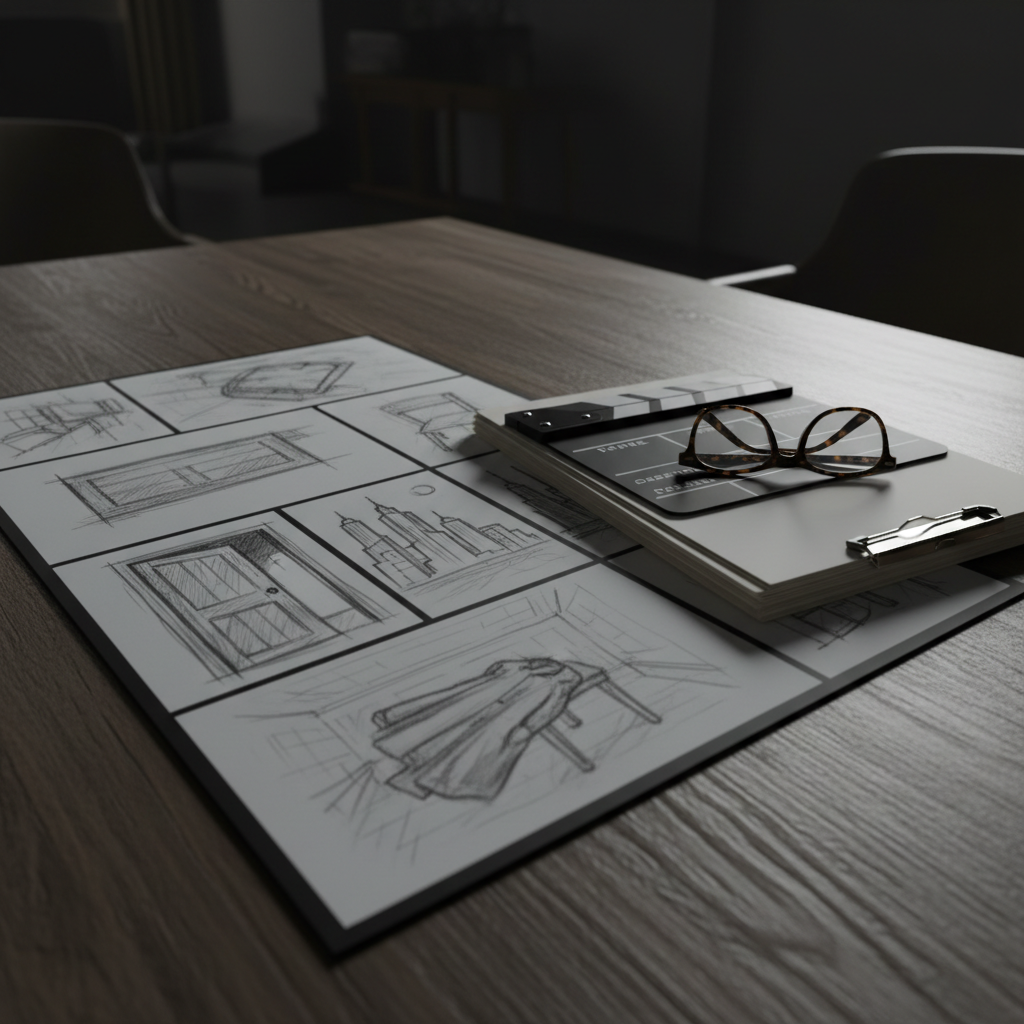 A cinematic storyboard stretches diagonally across a wide wooden table, each panel a small, monochrome sketch suggesting key moments of an unwritten film: a door ajar, a city skyline, a lone figure implied only by a coat on a chair. Nearby, a clapperboard leans against a stack of blank script pages clipped together, and a pair of dark-rimmed glasses rests folded on top. Slivers of cool, directional spotlights from above carve sharp highlights along the storyboard edges, leaving the rest of the room in moody shadow. Photographic realism, low-angle close-up focusing on the central panels, with the background falling into soft blur, evoking a sophisticated, suspenseful atmosphere suited to crafting original screenplays and cinematic plots.