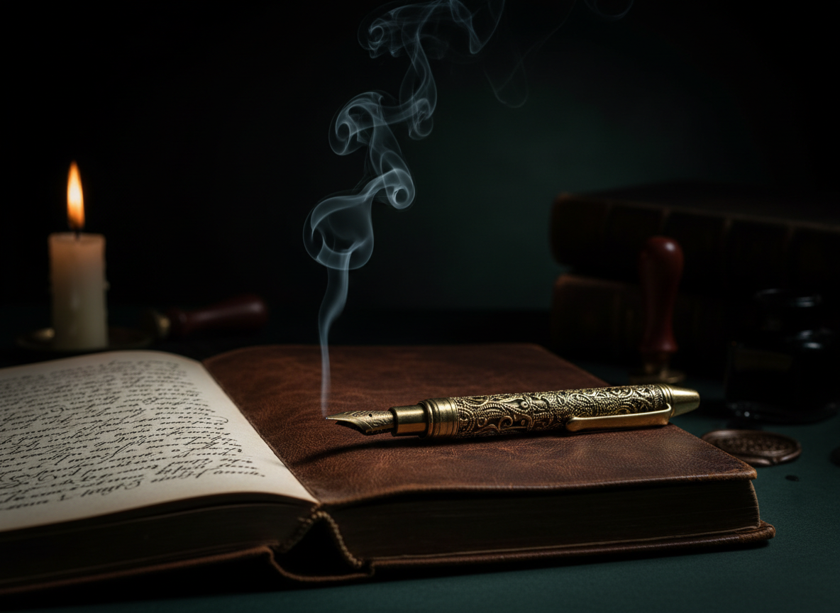 A vintage brass fountain pen lying on an open leather-bound journal, a thin wisp of dark smoke curling dramatically upward from the nib, deep cinematic shadows, candlelight casting warm golden light across handwritten ink script, dark and moody atmosphere, rich contrast, black and deep green tones, literary and atmospheric, photographic quality