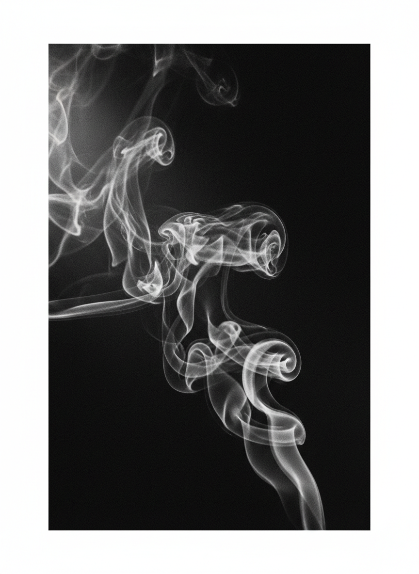 Fine art black and white photograph, close atmospheric detail of drifting smoke and light against deep black, suggesting breath made visible. Abstract, soulful, high contrast, minimalist. Evokes prayer, memory, and quiet power. Sophisticated literary magazine aesthetic.