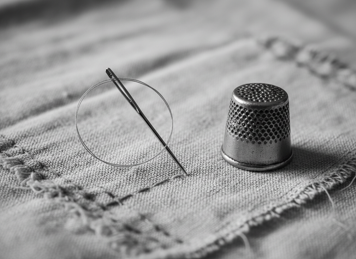A needle thimble and thread on aged fabric evoking craft patience intimacy and the delicate work of mending and connecting