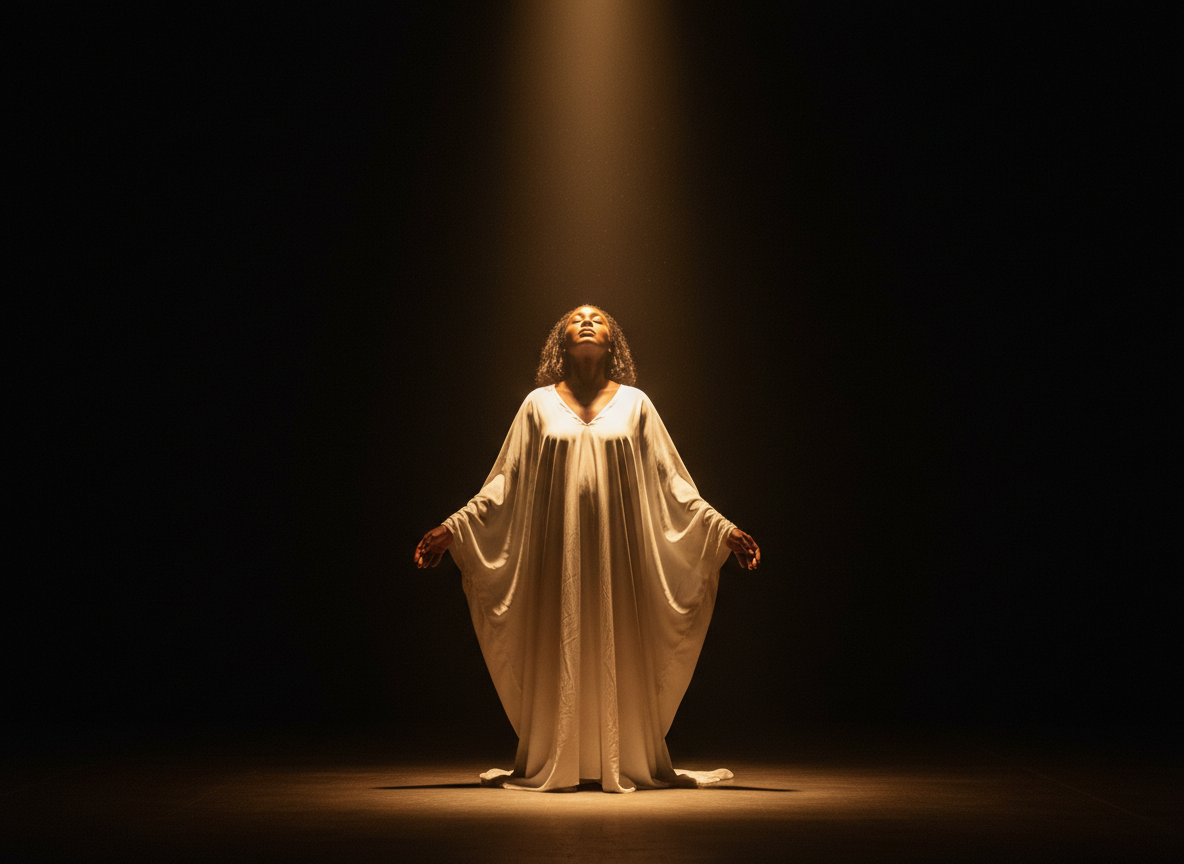 A Black woman standing alone in a vast dark space, bathed in a single shaft of golden light from above, her head tilted back with eyes closed in surrender and release