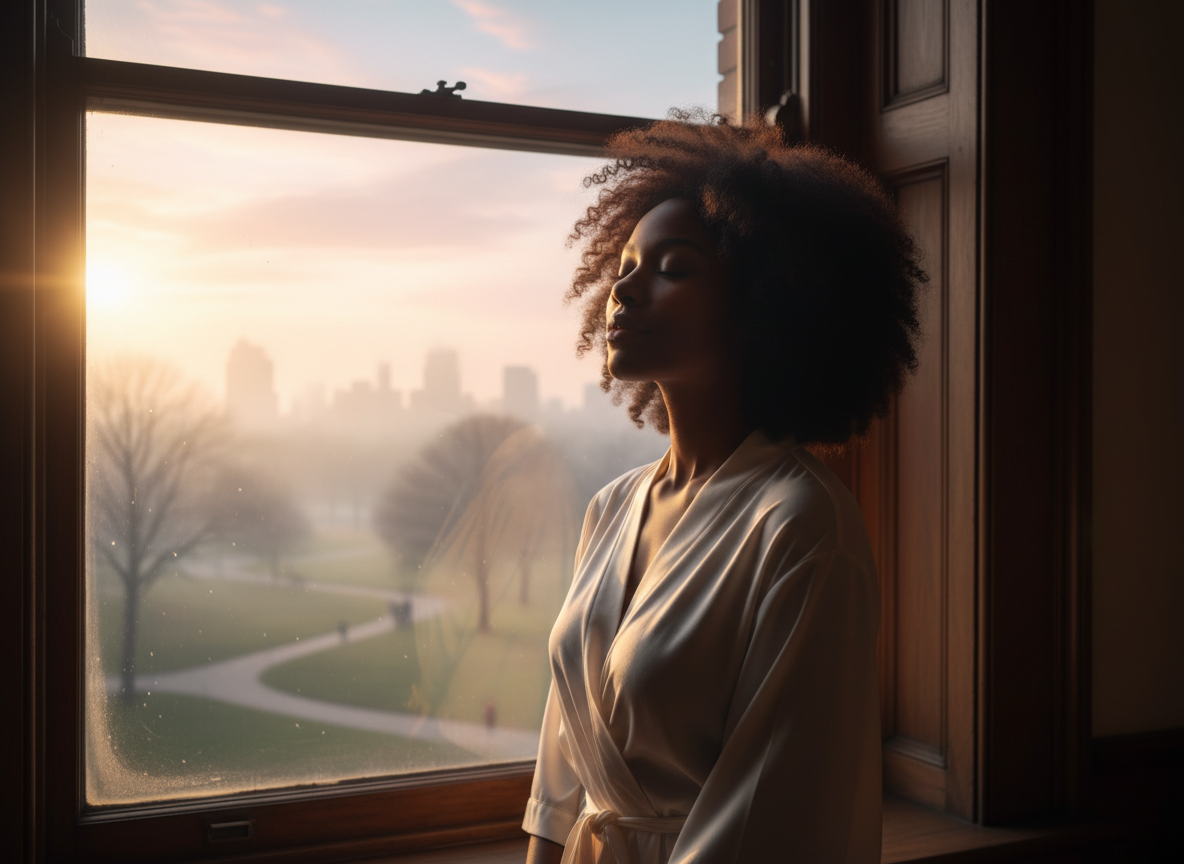 A Black woman standing at a window in early morning light, soft golden rays falling across her face and shoulders, eyes closed in quiet peace
