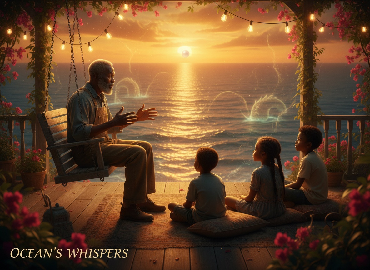 Elderly man on a porch at dusk, telling a story