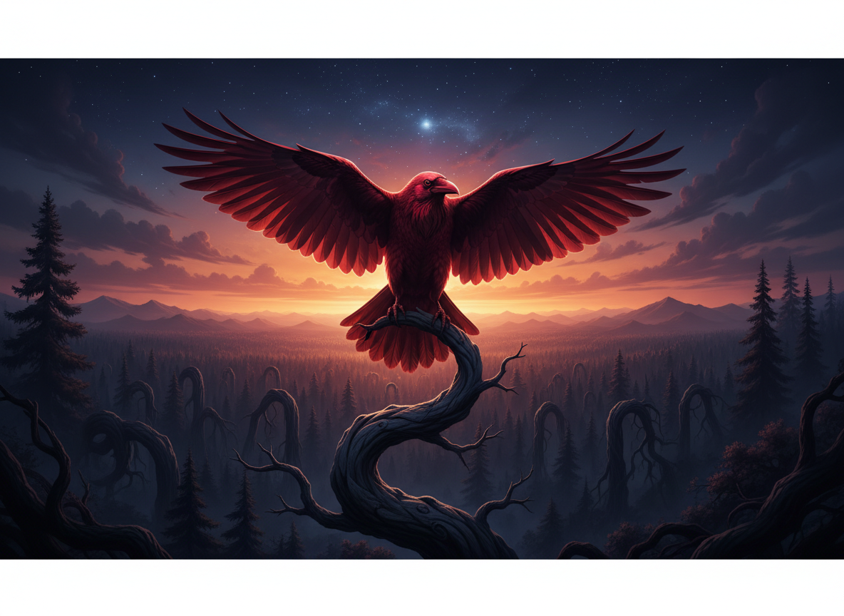 Red Raven — Xhale Chronicles cinematic hero art, a solitary red-feathered raven at dusk