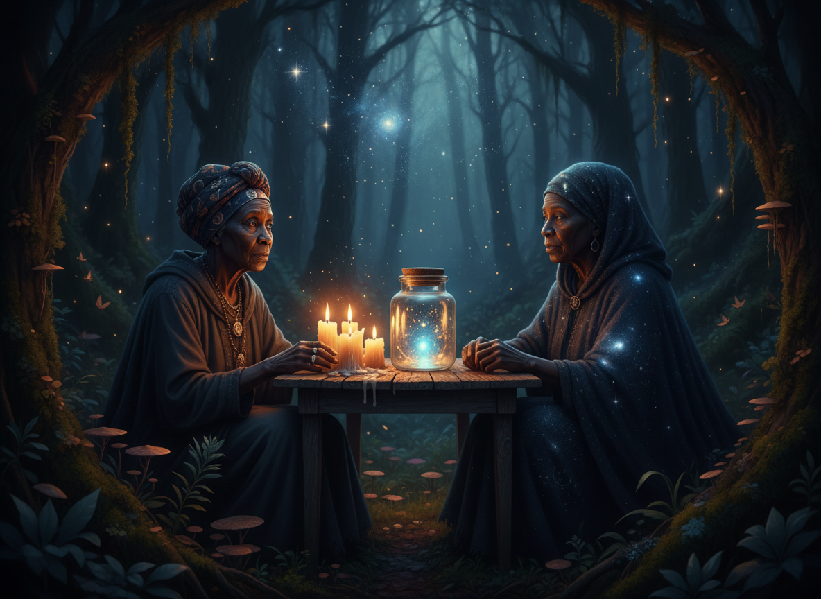 Grandma's Vessels — Xhale Chronicles cinematic hero art, two grandmothers at a candlelit table