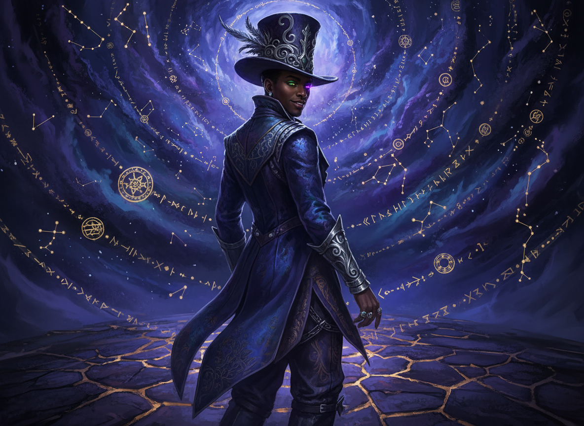 Alvuoo — a tall stylish Black man in a top hat and funky clothes stands at the entrance of a dimly lit room facing a group of cocky white kids