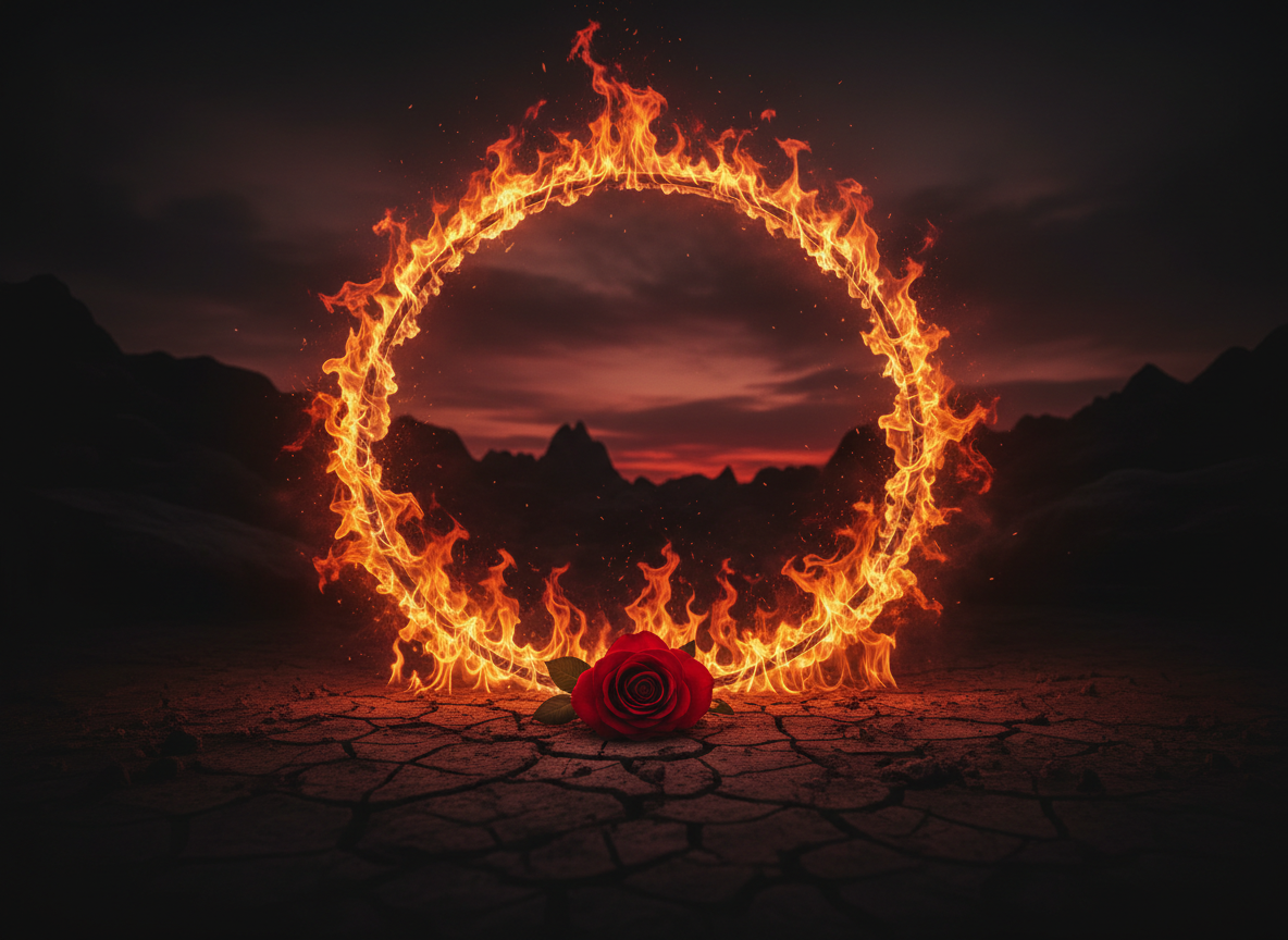 A single red rose lying on the ground surrounded by fire