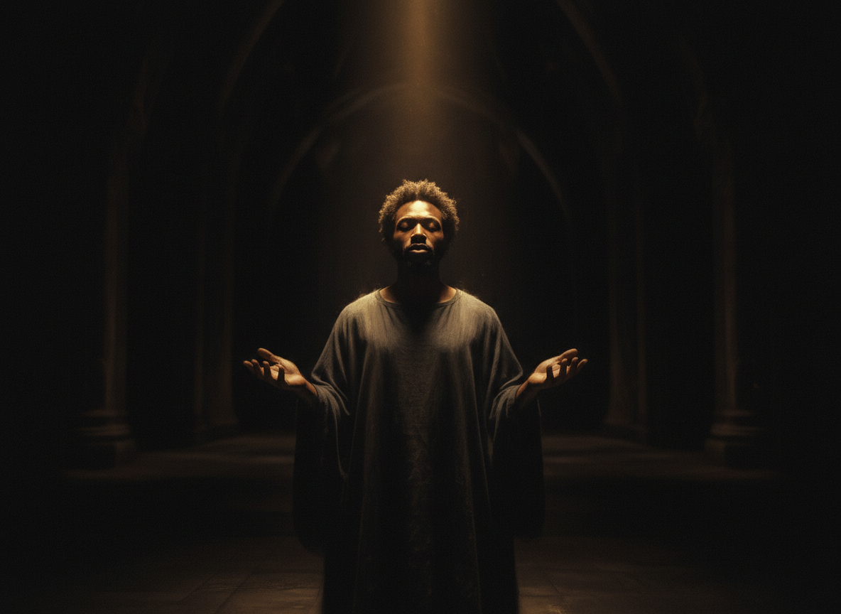 A Black man standing alone in a vast, dimly lit space — head slightly bowed, hands open at his sides, as if receiving something invisible. Dramatic chiaroscuro lighting, deep shadows, golden light falling across his face and shoulders like a crown. The mood is reverent, introspective, achingly tender. Fine art photography style, painterly, cinematic. Dark background, emotional weight, the feeling of a man falling in love with his own silence.