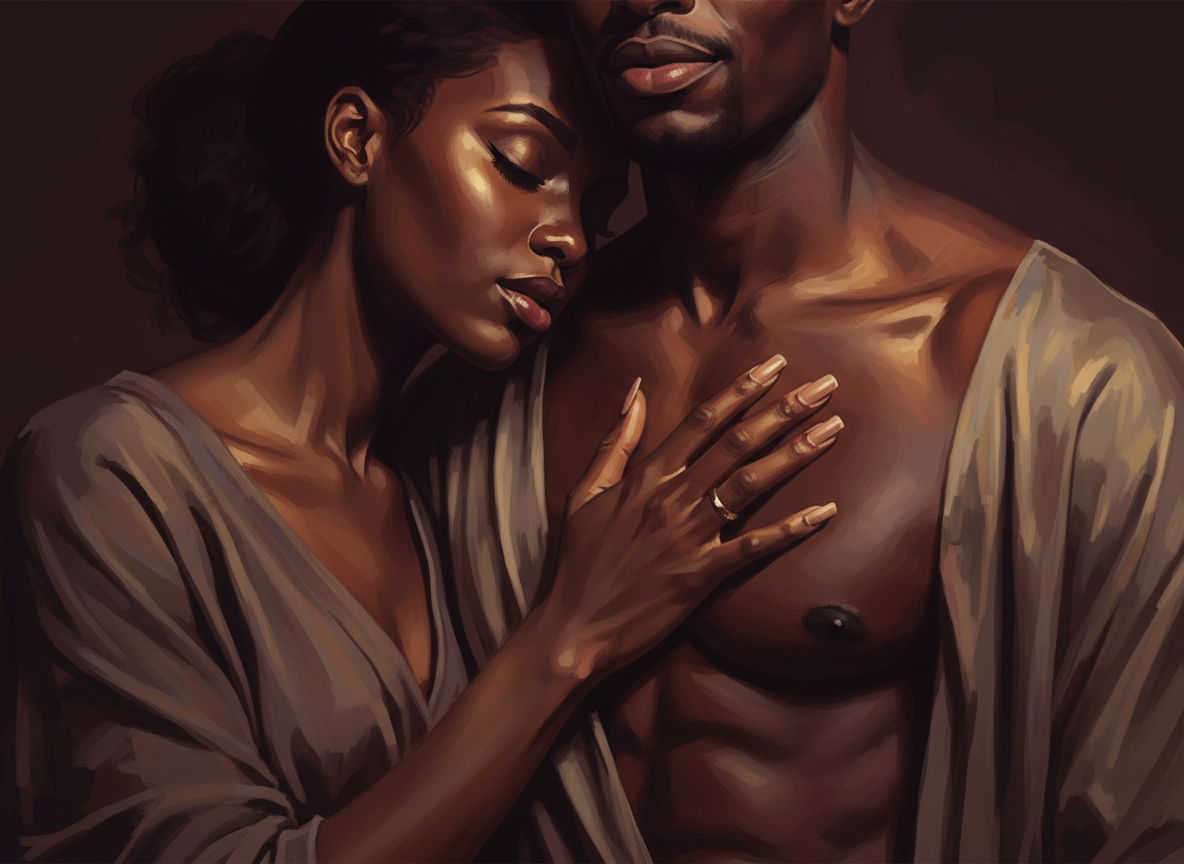 Dark painterly fine art illustration — a Black woman's hand pressed gently against a Black man's chest, feeling his heartbeat, dramatic chiaroscuro lighting, deep burgundy and amber glow, rich brushstrokes, intimate and tender, cinematic, literary magazine quality, contemporary, no traditional clothing, soulful and timeless