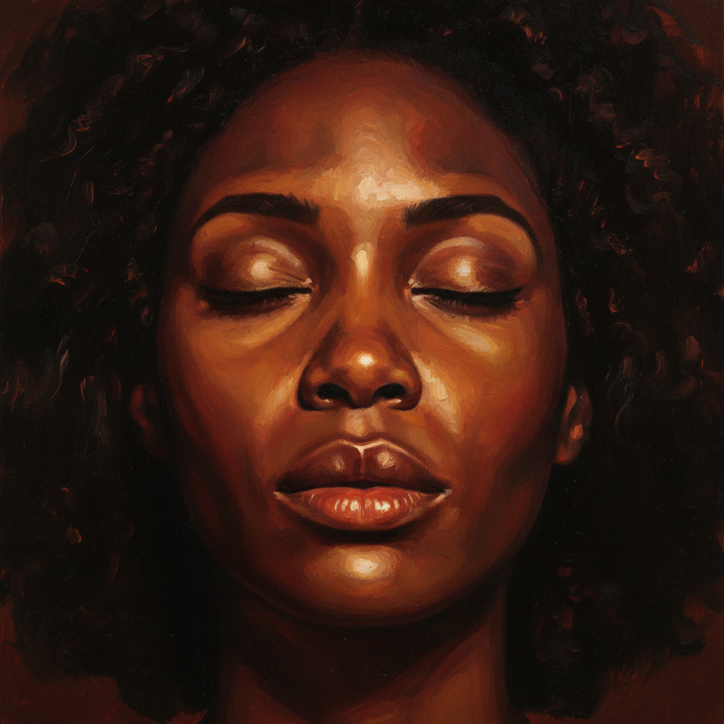 Extreme close-up painterly portrait, just a Black woman's face filling the frame, eyes softly closed, dark chiaroscuro style, warm candlelight glow on her skin, deep shadow background, no other people, no scene, no story, just her face alone, oil painting aesthetic, rich amber and burgundy tones