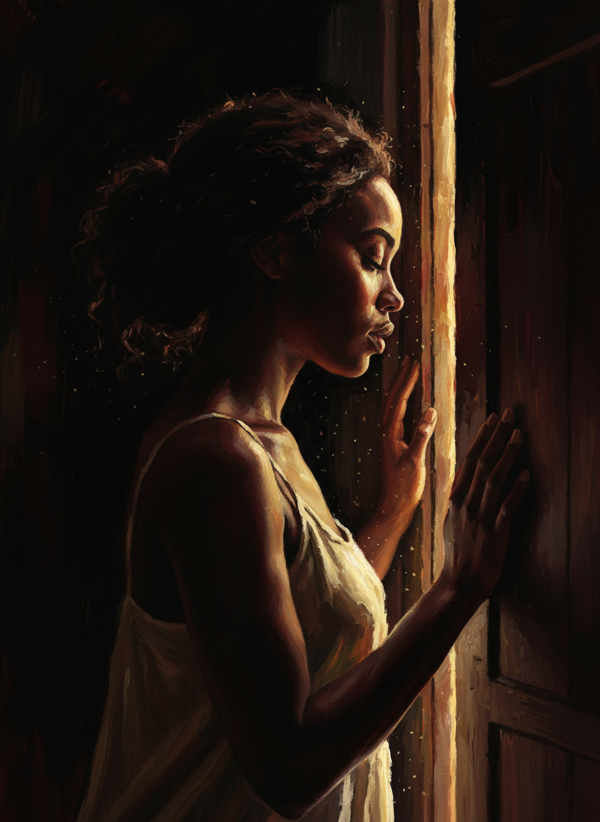 A Black woman standing at a doorway, painterly chiaroscuro portrait