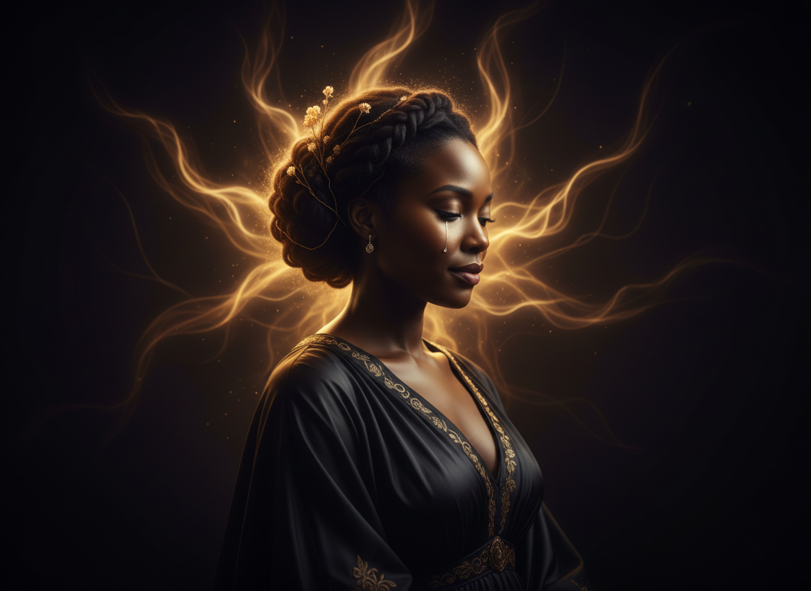 A sophisticated, cinematic portrait of a Black woman in soft, ethereal light. Dark, moody background with warm golden and amber tones surrounding her face. Her expression is calm, contemplative, and full of quiet grace. Minimalist composition, high contrast, literary and refined aesthetic. The mood conveys patience, spiritual depth, and the weight of waiting with purpose.