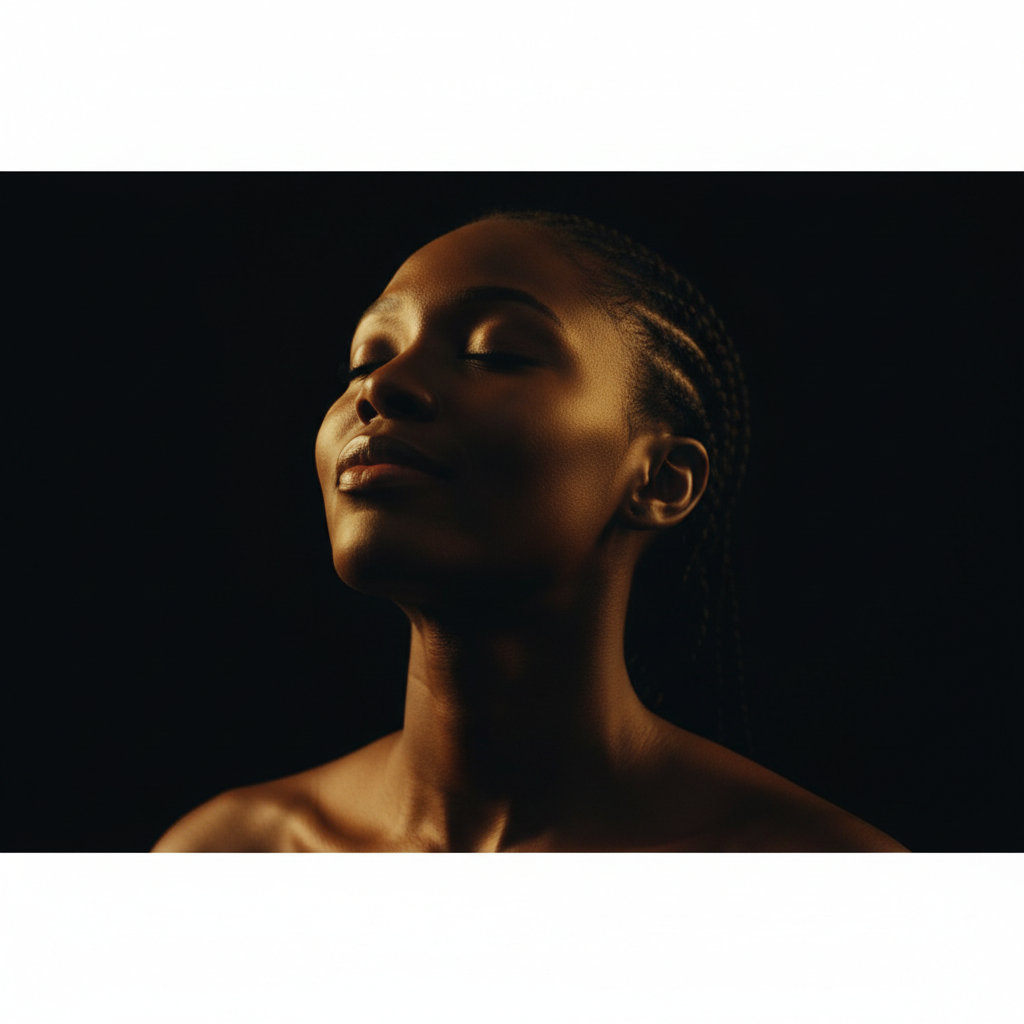 A Black woman in a close, intimate portrait — her eyes closed, head slightly tilted back, bathed in warm golden light. Her expression is serene yet sensual, like she is feeling the warmth of a climate on her skin. High contrast, dark background, sleek and literary in tone. Minimalist and cinematic.