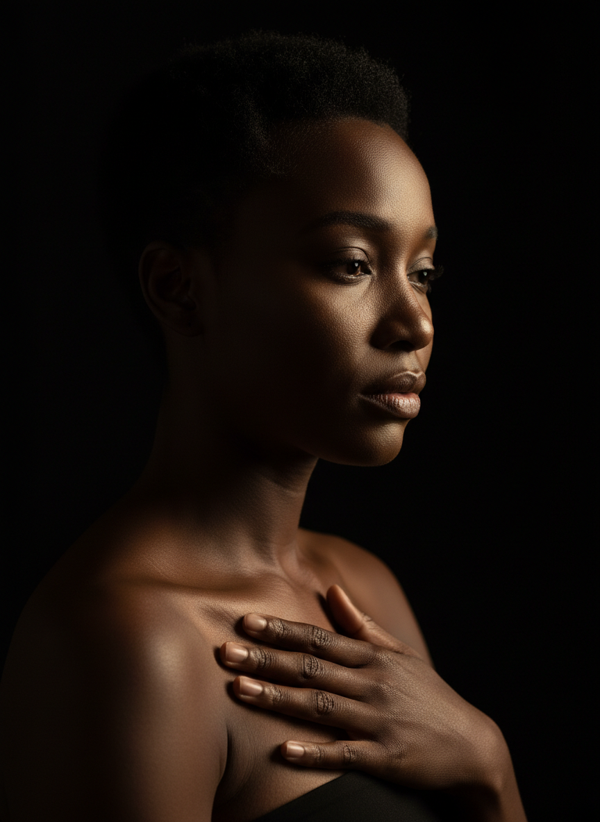 A close portrait of a Black person, gender ambiguous, standing in soft shadow with one hand gently pressed to their chest. Their eyes are slightly downcast, expression tender and private — the look of someone holding something precious and painful at the same time. The lighting is warm but restrained, a single beam of golden light catching the curve of their jaw. The background is deep black. The mood is intimate, guarded, achingly human. Sleek, literary, high contrast. No text.