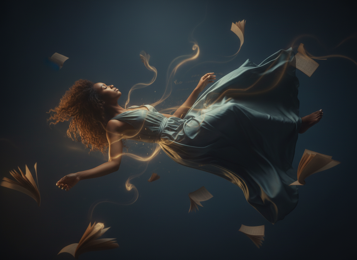 A Black woman in a dreamlike state, eyes closed, soft ethereal light surrounding her, floating between sleep and waking, intimate and luminous, dark tones with warm golden light, sleek minimalist literary aesthetic