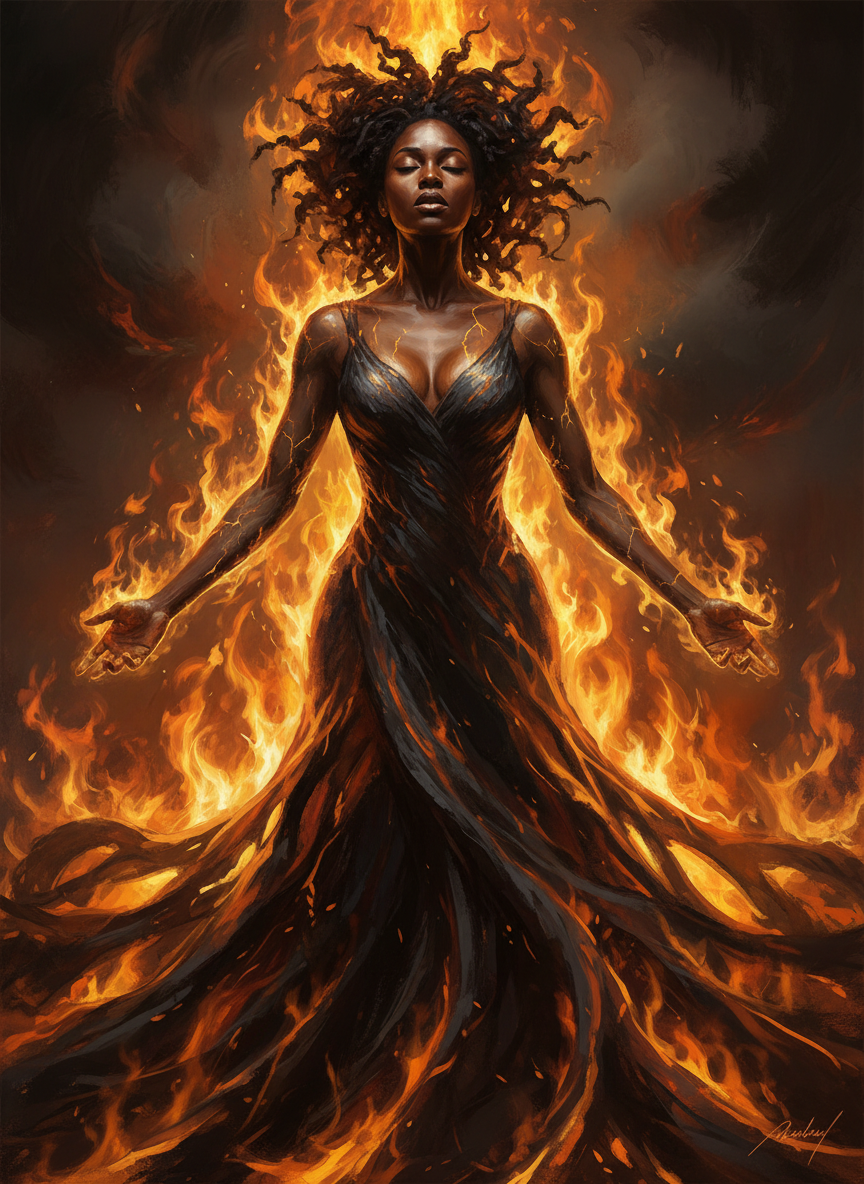 A Black woman standing in flames that don't burn her — she IS the fire. Eyes closed, arms slightly open, her body radiating heat and light from within. Deep blacks and fierce orange and gold. Cinematic, painterly, powerful. The feeling of a woman who cannot be extinguished — desire, rage, and passion all at once. Literary, bold, breathtaking.