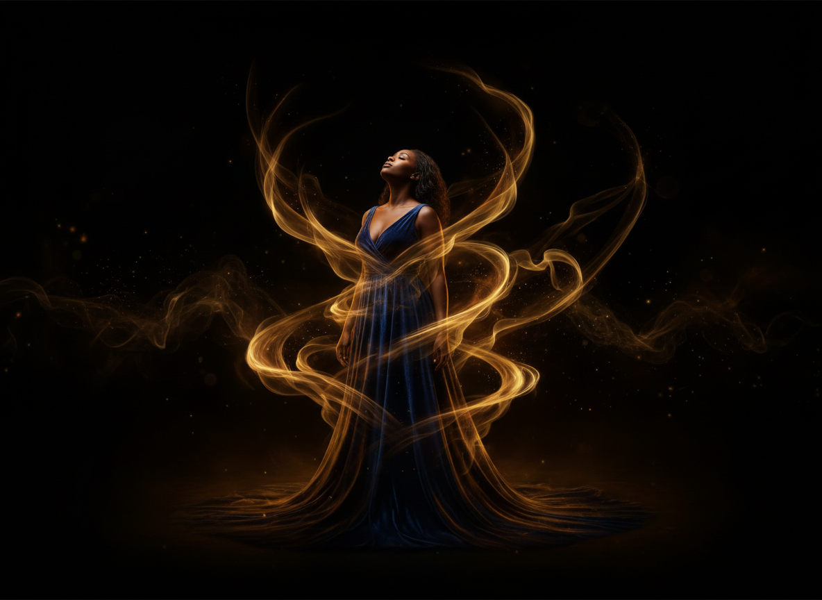 A Black woman standing alone in a vast dark space, head tilted back, eyes closed, bathed in waves of warm golden and amber light that ripple around her like sound made visible — as if she is inside the music itself. Cinematic, painterly, ethereal. Deep blacks with rich golden tones. The feeling of a love that plays like a symphony — beautiful, aching, consuming. Literary and breathtaking.