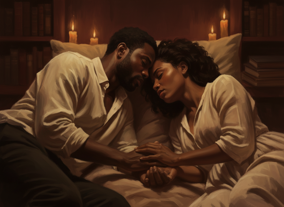 A Black man and woman lying close together in the quiet dark — his forehead resting against hers, eyes closed, the softest moment of stillness after something profound. Warm amber candlelight, deep shadows, painterly and cinematic. The intimacy of two people who have just shared something they will both carry. Tender, aching, literary. Not sexual — soulful.