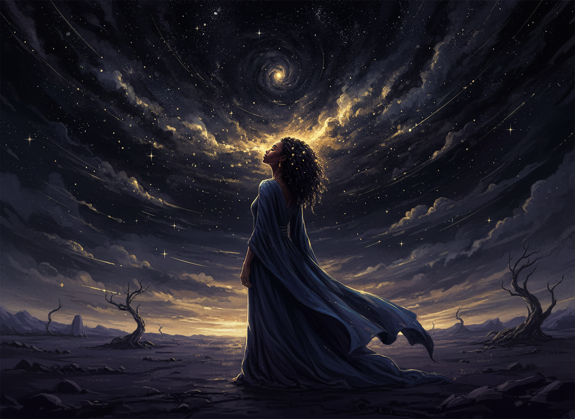A Black woman standing alone beneath a vast dark sky filled with stars and nebulae — her gaze lifted upward, serene and knowing, as if the galaxy above is her own interior world made visible. She is unhurried, unwitnessed, entire. Deep blacks and rich indigo and gold star light. Painterly, cinematic, ethereal. The feeling of a woman whose inner life is a universe no one else has ever seen.
