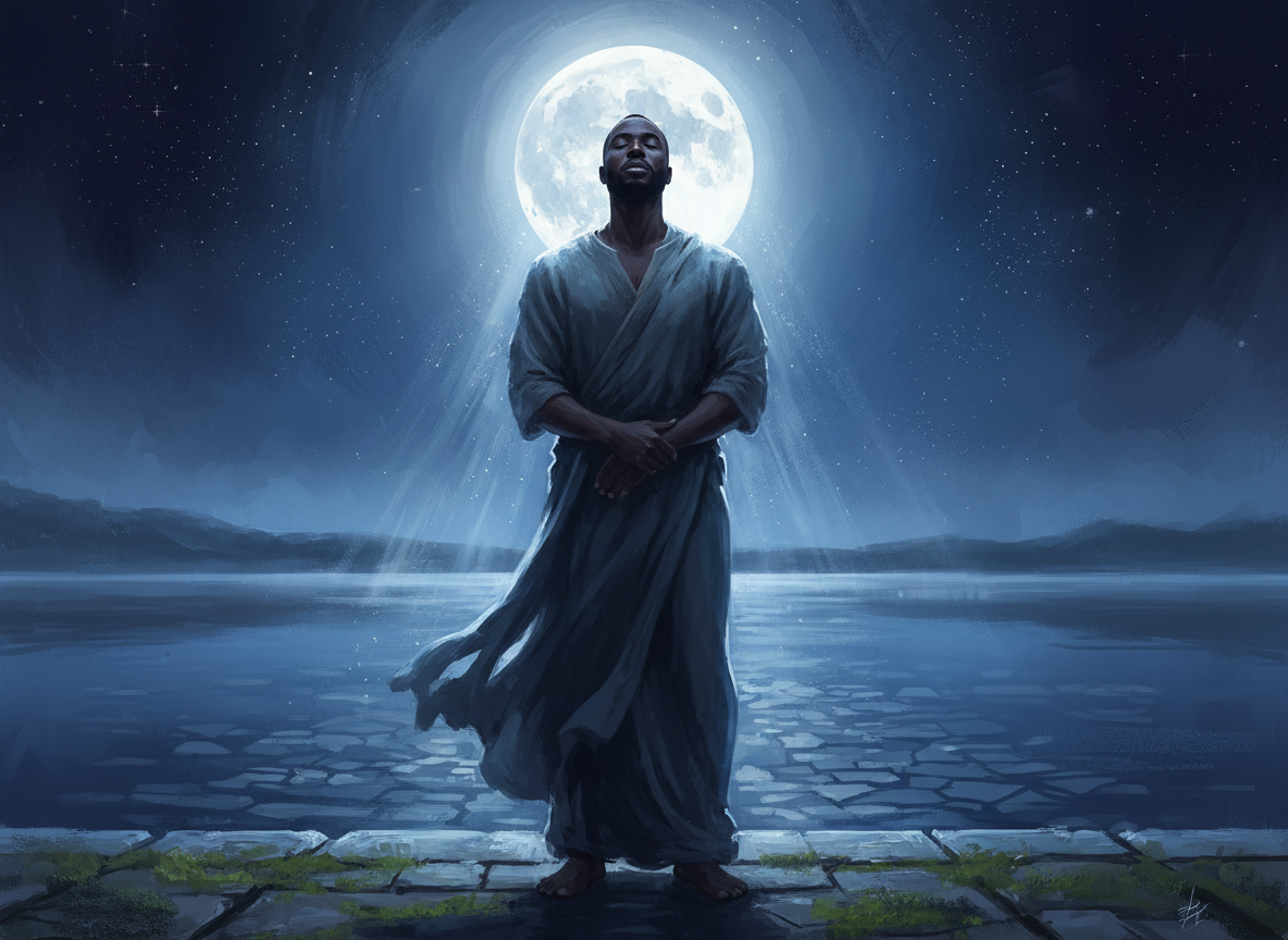 A Black man standing alone at night beneath a full moon, patient and still, his face lifted to the moonlight — waiting with quiet devotion. The moon casts silver light across his shoulders. Deep indigo sky, soft luminous glow, painterly and cinematic. The feeling of a love so certain it can wait as long as it takes. Tender, literary, soulful.