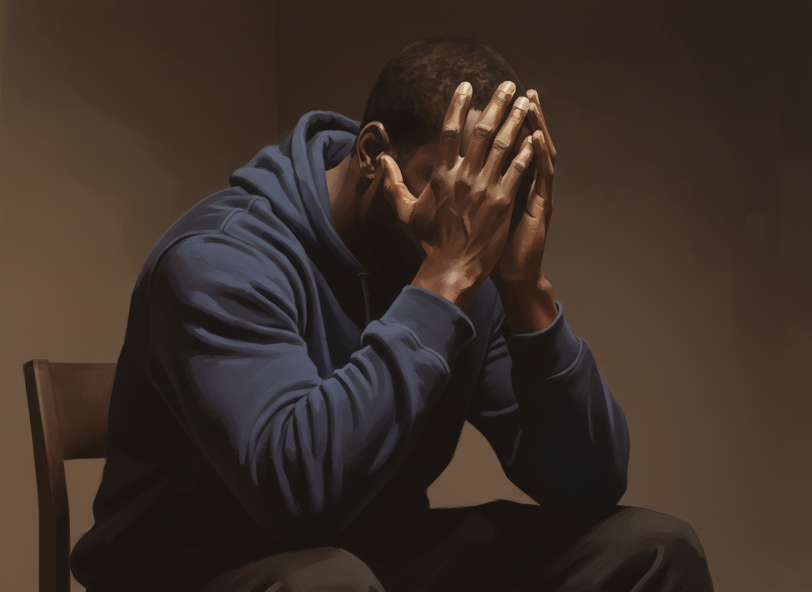 A Black man sitting alone in a dimly lit room, head in his hands, the weight of missing someone pressing down on him. The light is low and warm, catching only the curve of his shoulders and the tension in his hands. Painterly, cinematic, deeply emotional. The foolishness of still missing someone who is gone — aching, honest, soulful.