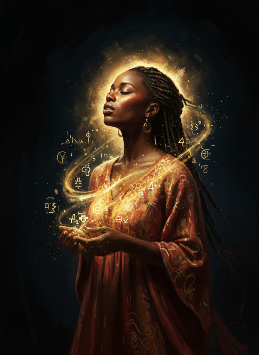 A Black woman standing in a beam of light that seems to emanate from within her — her skin glowing golden, eyes closed, head tilted slightly, as if she is speaking a language only light understands. Deep dark background, dramatic chiaroscuro, warm amber and gold tones. Painterly, cinematic, spiritual. The feeling of a woman who communicates beyond words — through luminance, presence, and soul.