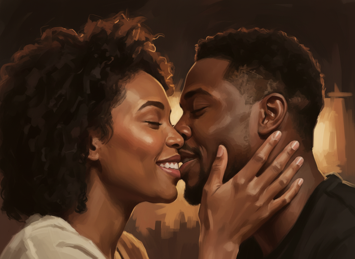 A Black man and woman in a lingering kiss — she is smiling softly against his lips, unable to hold back the joy even in the middle of the kiss, her hand light on his jaw. He leans into her smile. Warm amber and golden light, deep dark background, painterly and cinematic. Tender, joyful, deeply intimate. The feeling of a kiss so good it makes you smile before it's even over.