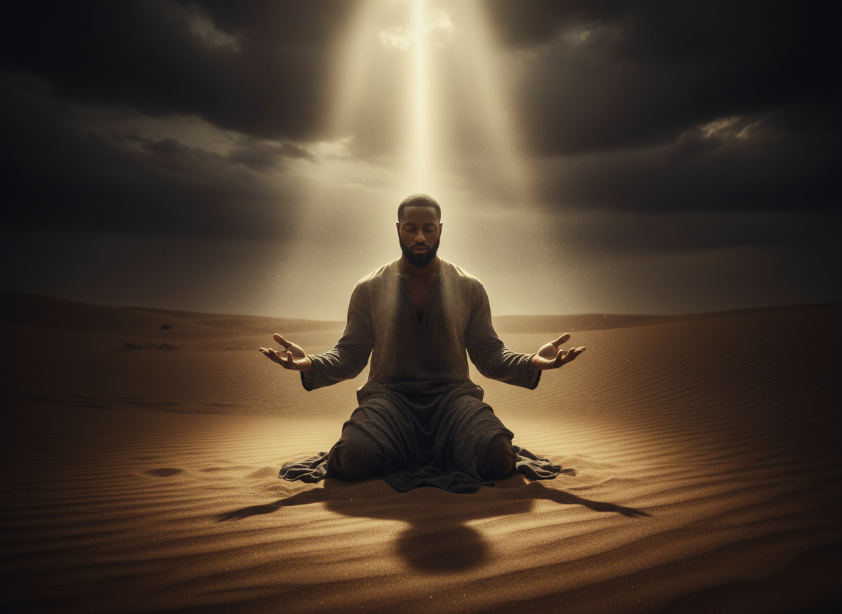 A Black man on his knees in vast golden sand, head slightly bowed, light breaking through dramatically from above — not defeat, but surrender meeting grace. Cinematic, spiritual, masculine. Dark and golden tones, high contrast, minimalist.