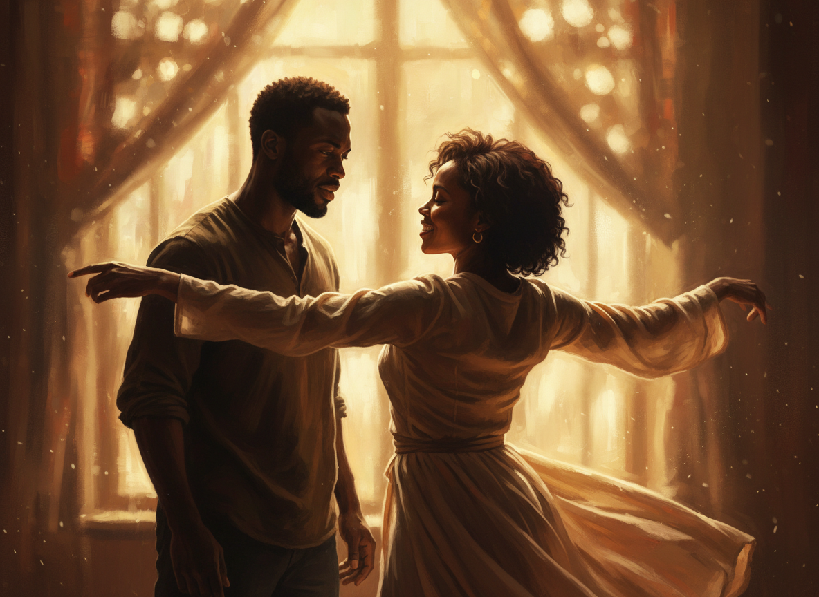 A Black man stands slightly behind a Black woman, his gaze fixed on her with quiet, devoted fascination — the way a man watches something rare and alive that he knows he can't hold. She is mid-movement, free and unaware, like a bird that doesn't know it's being watched. Warm amber and golden light. Cinematic, intimate, deeply emotional. The mood is love as observation — reverence, longing, and wonder all at once.