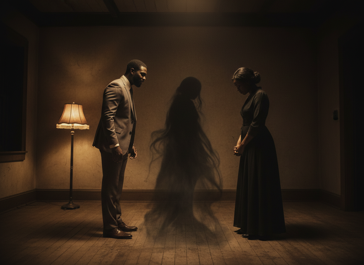 A Black man standing in a dimly lit room, speaking quietly into the dark space between himself and a Black woman. She stands slightly apart, head bowed, as if something invisible — a shadow, a presence, a weight — hovers between them. The third presence is felt but not seen: a subtle darkness, like a fog or a silhouette, occupying the space between them. The lighting is cinematic and moody, deep shadows, one warm light source. The mood is spiritual and heavy — love trying to reach through something that won't let it. Literary, noir, intimate.