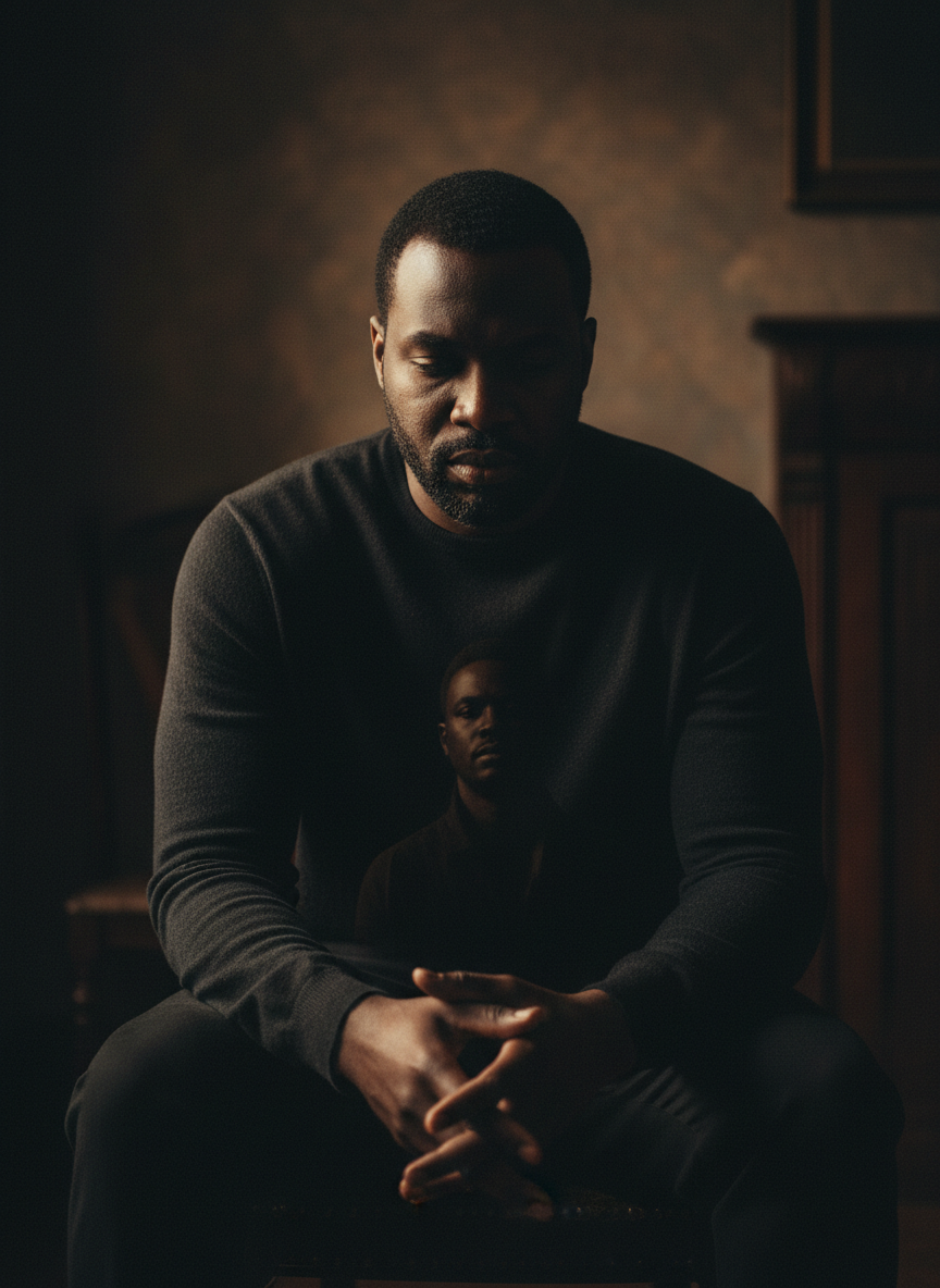 A Black man sitting alone in a dimly lit room, head slightly bowed, hands resting in his lap. The light falls softly on him from one side — warm but distant. His expression is not sad exactly, but heavy. Full. Like he is carrying someone inside him who is not there. Cinematic, intimate, still. High contrast, dark tones, sophisticated and literary.