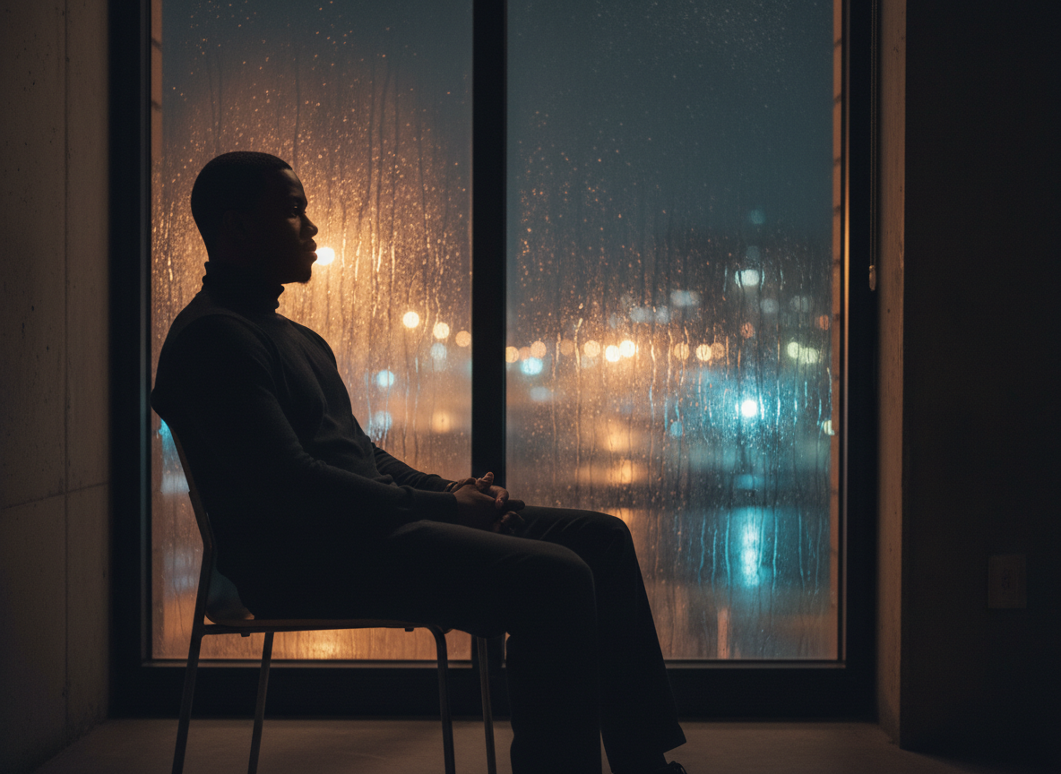 A solitary Black man sitting alone at a window at night, soft city light falling across him, looking out with quiet patience — not sad, not angry, just still. Waiting. The mood is contemplative and tender, like someone who loves deeply and is simply wondering if they matter. Dark, cinematic, minimalist. No other people. Just him and the silence around him.