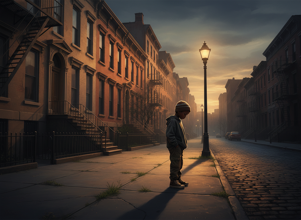 Ant, the boy at the edge of the street, practicing baseball alone in the city