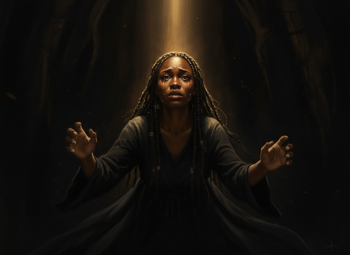 I Found You — a Black woman in a vast dark space, golden light catching her face, between wonder and grief