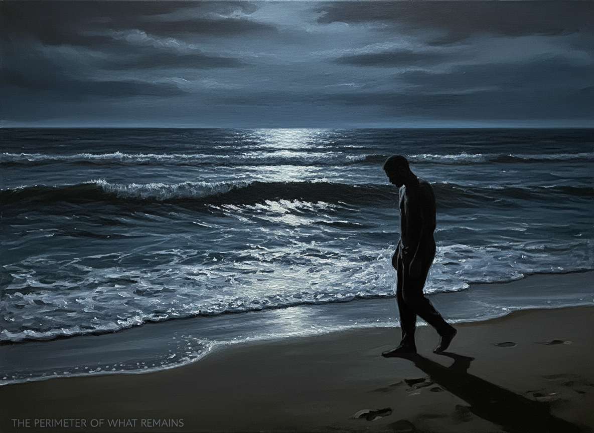 My Walk — a solitary Black man walking along the edge of a vast dark ocean at night
