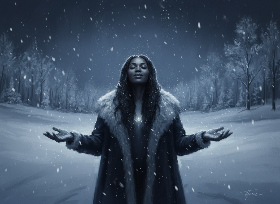 My Strange Illusion — a Black woman alone in deep snow at night, waiting for someone who may not come