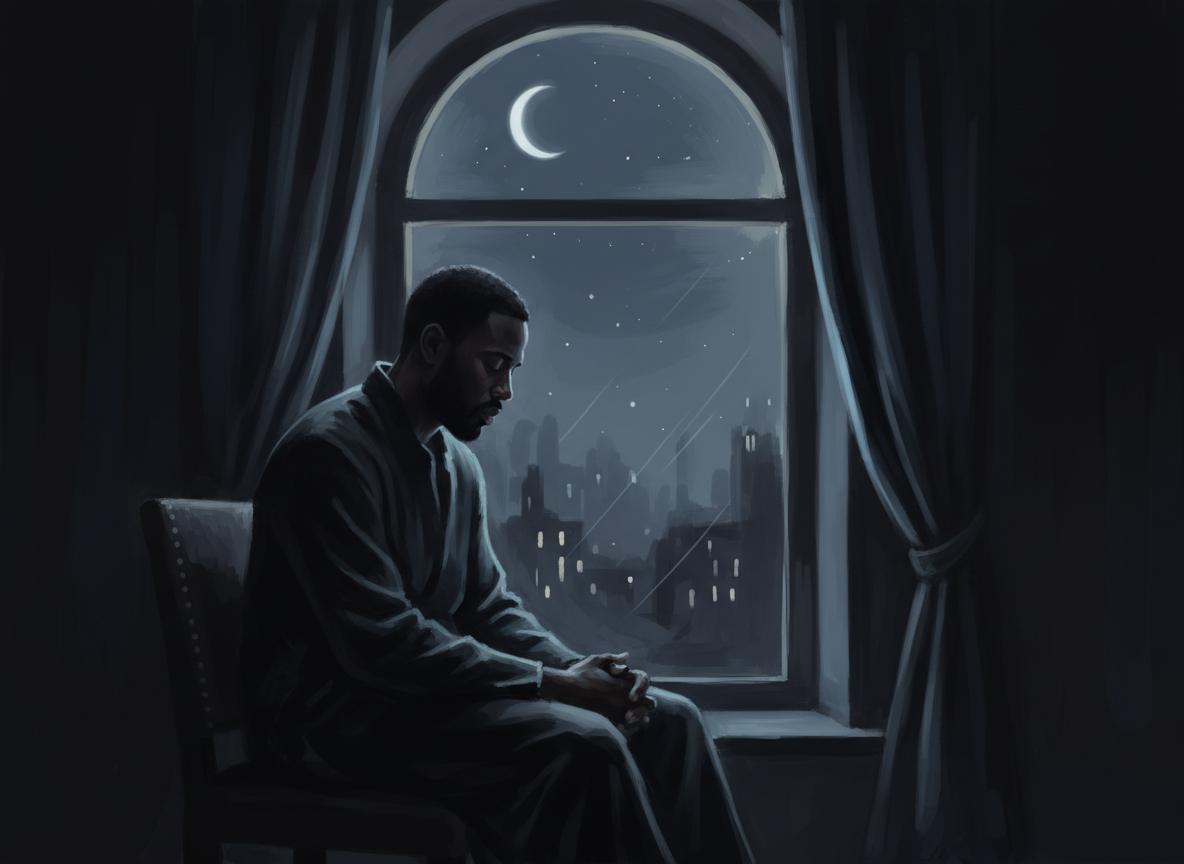Of Saddened Nights — a Black man alone at a window in the deep of night
