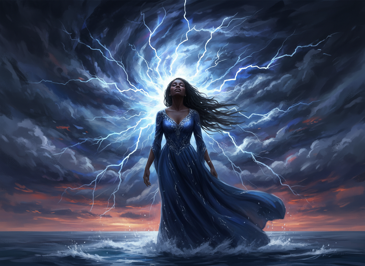 O My—A Cloud of Lightning and Silence — a Black woman standing in the eye of a storm, calm amid lightning