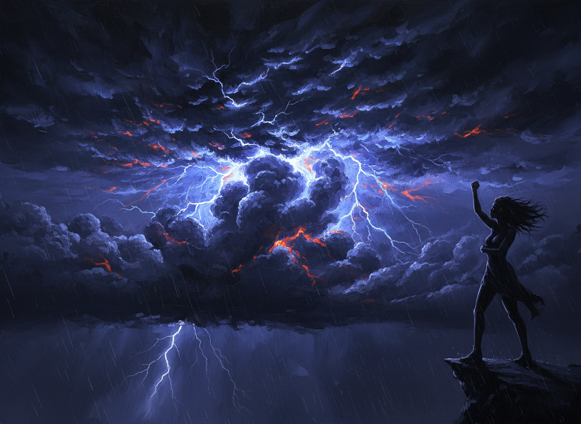 Oh, My—A Cloud & Thunder — dark storm clouds lit from within, a Black woman's silhouette at the edge