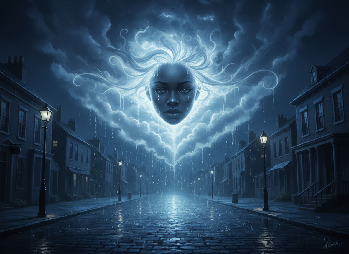 O My A Cloud, and It Cries — a luminous cloud descending over a quiet street at night, a Black woman's face in the mist