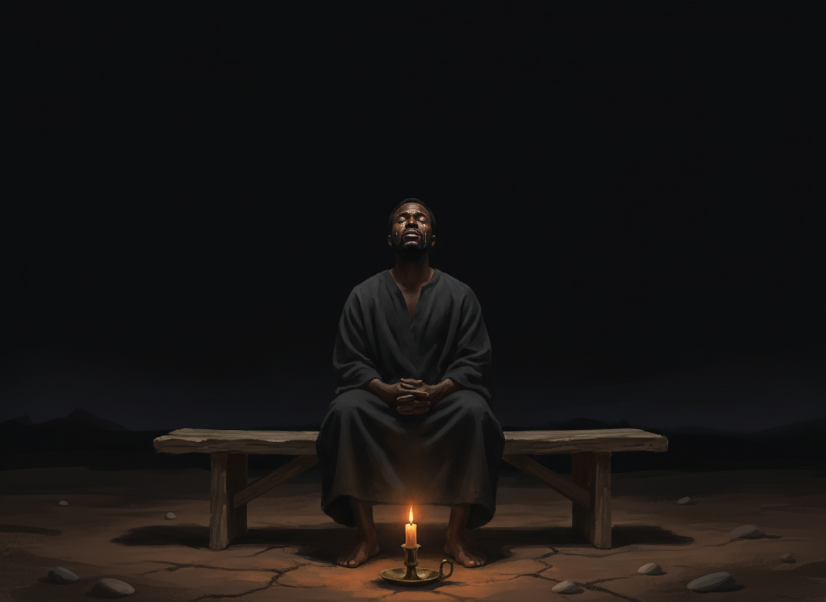 O Night — a Black man alone beneath the night sky, a single candle burning, face turned upward