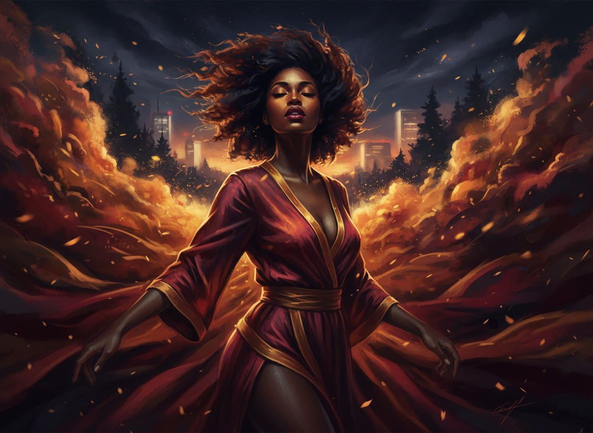 Oh, Behold Her Climate — a Black woman in a warm night breeze, her presence like weather