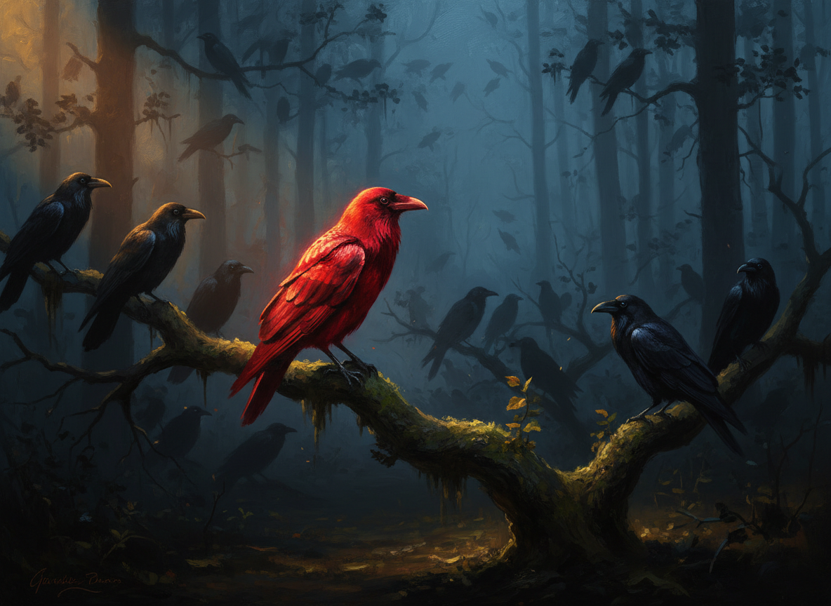 A solitary red raven standing apart from a flock of black ravens in a dark misty forest
