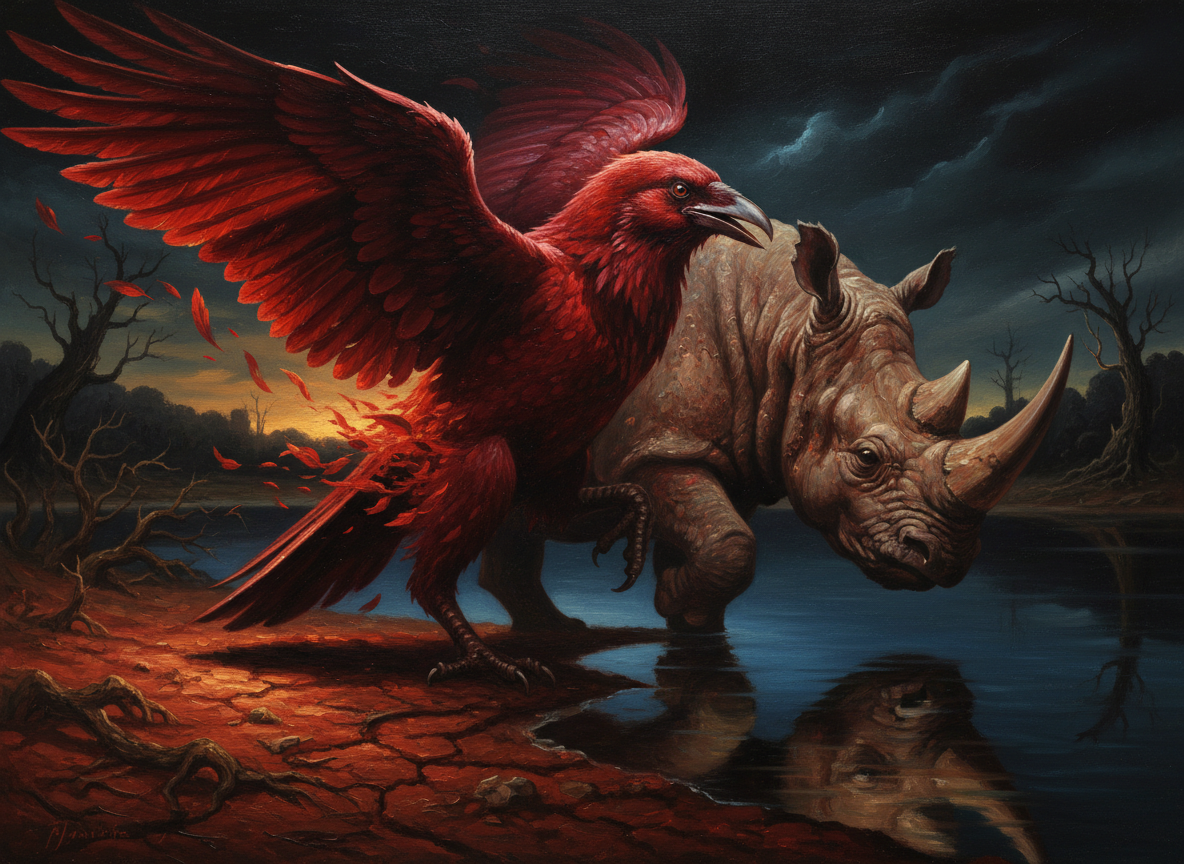 A raven mid-transformation, caught between bird and rhinoceros, dark dramatic lighting