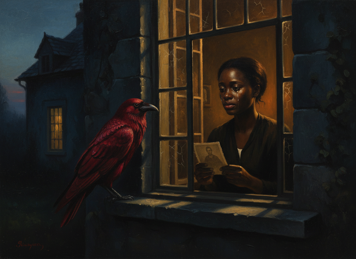 A red raven perched outside a small house window at dusk, a woman visible inside holding a photograph
