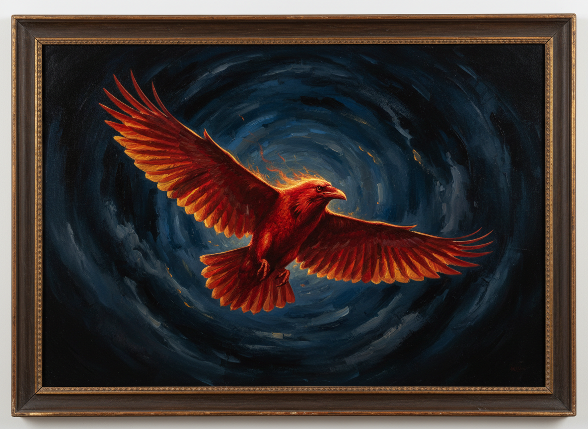 A brilliant red raven in full flight against a dark sky, wings fully spread, triumphant and free