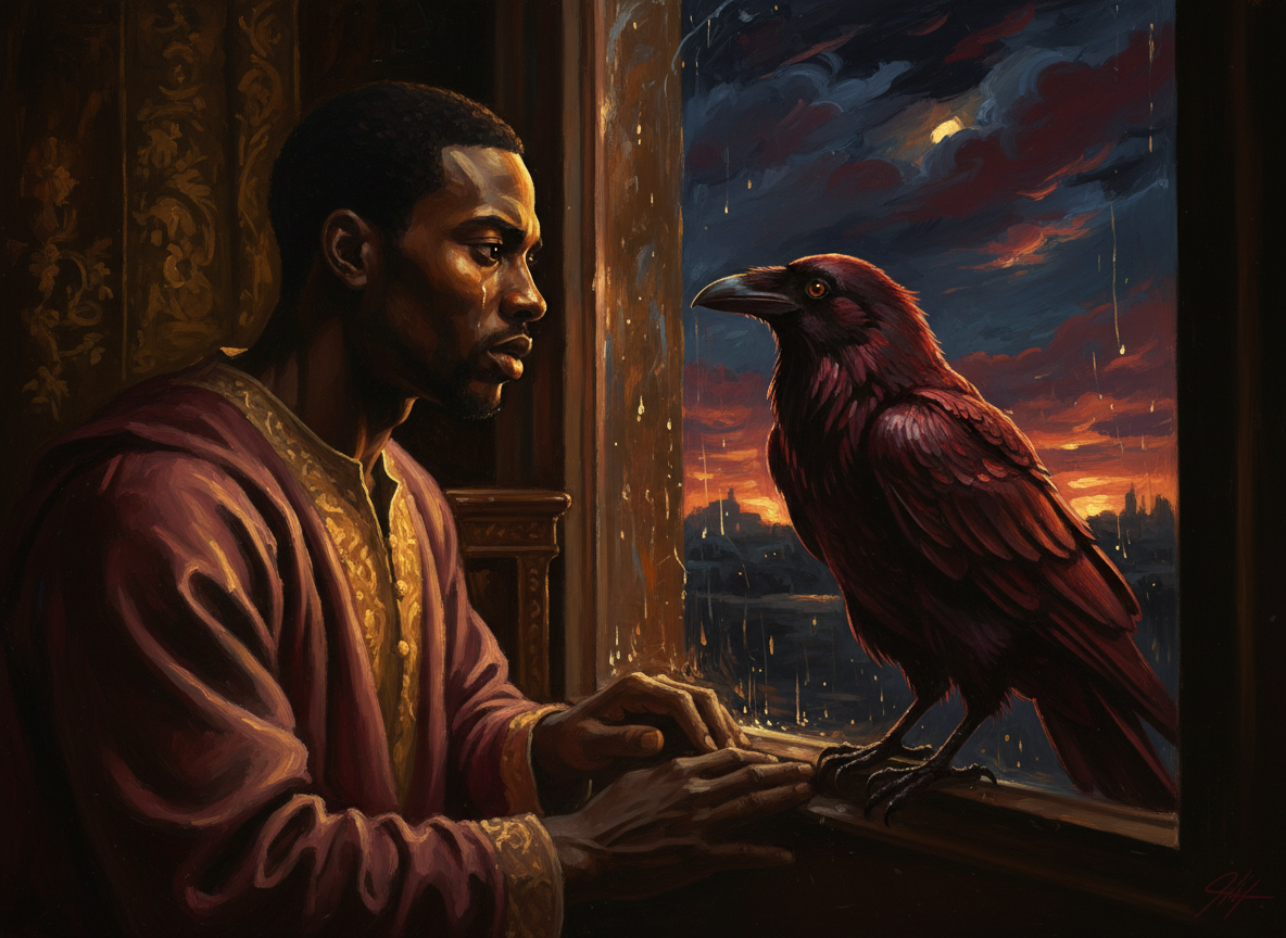Two silhouettes facing each other through a window — one human, one raven — in amber and shadow