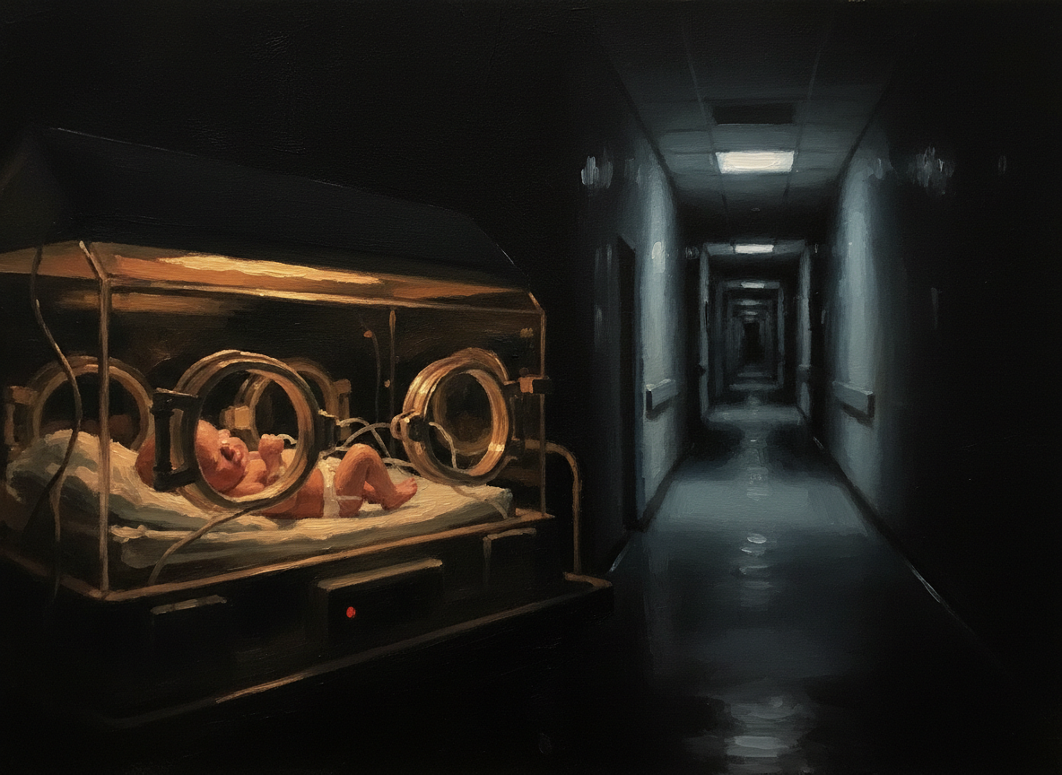 Cinematic chiaroscuro portrait of a Black infant with wide, watching eyes in an incubator, warm amber light against deep shadow